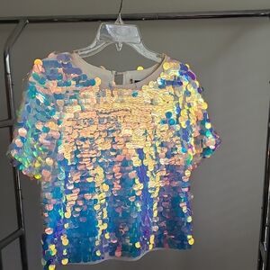 Forever 21 Iridescent Sequin Short Sleeve Top - White / Multicolor